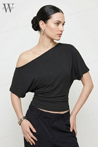 warn Γυναικεία μπλούζα με λαιμόκοψη καγιάκ, μονό ώμο, φαρδιά μανίκια και εφαρ...