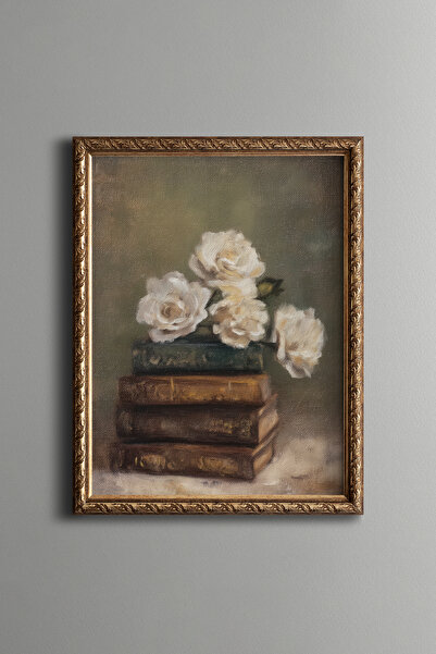 epiqart Kitaplar Üzerinde Beyaz Güller – Vintage Desenli Çerçeve – İnce Model