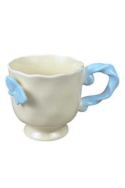 OEM Κεραμική κούπα  "πεταλούδα " κρεμ μπλε, 430 ml