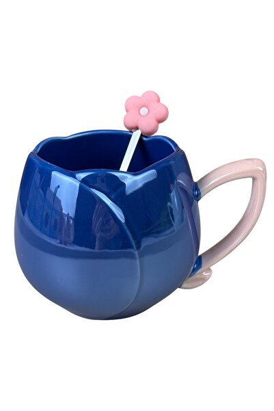 OEM Κεραμική κούπα  "Λουλούδι " 360 ml, σκούρο μπλε με ροζ χερούλι