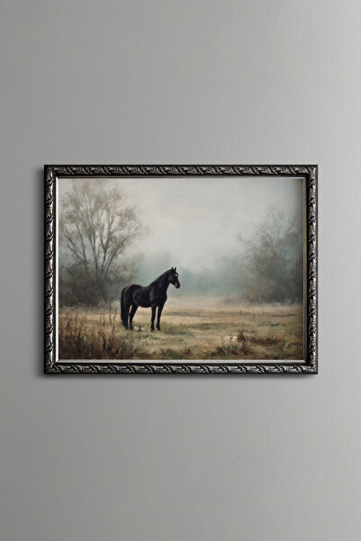 epiqart Black Horse in the Fog - Vintage Patterned Frame - Slim Model
