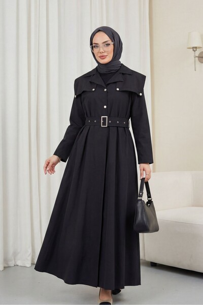 Modamorfo Half-Buttoned Collared Cotton Satin Dress with Side Pockets and Bel...