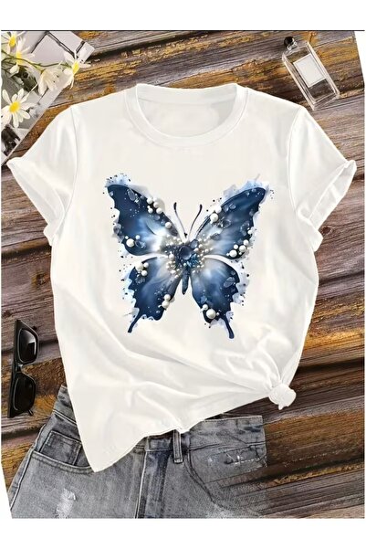 By Layina Blue Butterfly Printed Oversize T-Shirt