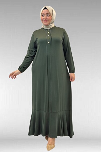 Eslina 62006 فستان قطني ممشط بتفاصيل أمامية مفتوحة مقاس كبير - كاكي