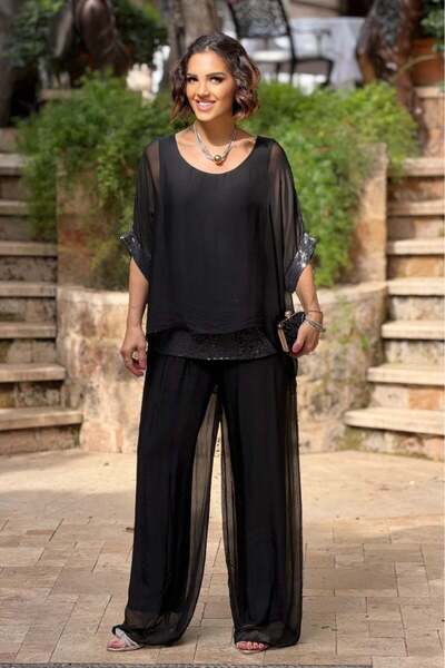 Nevin Kaya Moda Μαύρο Μεταξωτό Σετ Παντελόνι και Μπλούζα