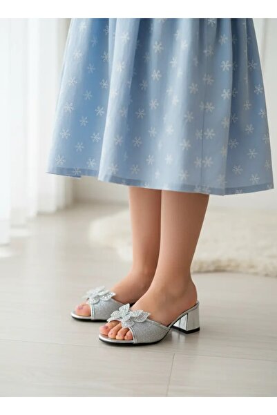 Tuğba Ortopedi 815 Момичешки сребристи брокатени официални пантофки на ток