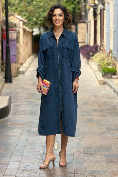 Nevin Kaya Moda Navy Blue Zippered 100% Cotton Dress