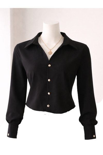 Selen Γυναικείο πολυτελές μαύρο πουκάμισο με χρυσά κουμπιά