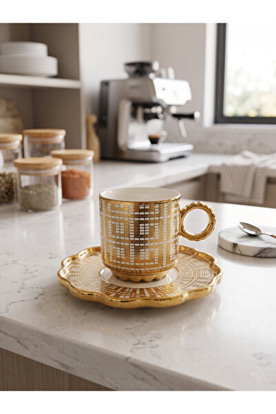 DS Home&Design Gold Grek Patterned Coffee Cup Set with Ring Handles for 6 People
