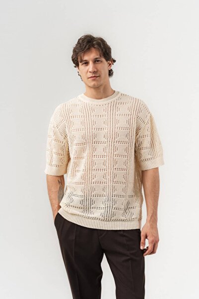 go gang own Meshgrid Knit Square Patterned Crew Neck Knitwear T-Shirt
