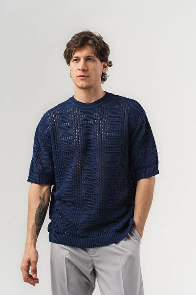 go gang own Meshgrid Knit Square Patterned Crew Neck Knitwear T-Shirt