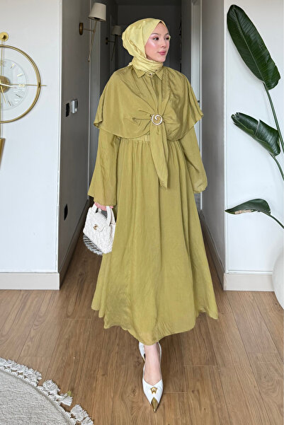 Tesettür Diyarı Σετ Τουλ Μοντάλ με Κάπα και Καρφίτσα - Πράσινο Λαδί