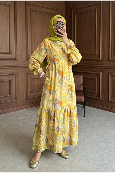 MODAQU Φόρεμα από βισκόζη με κορδόνια και ελαστικό μανίκι - Πράσινο λαδί