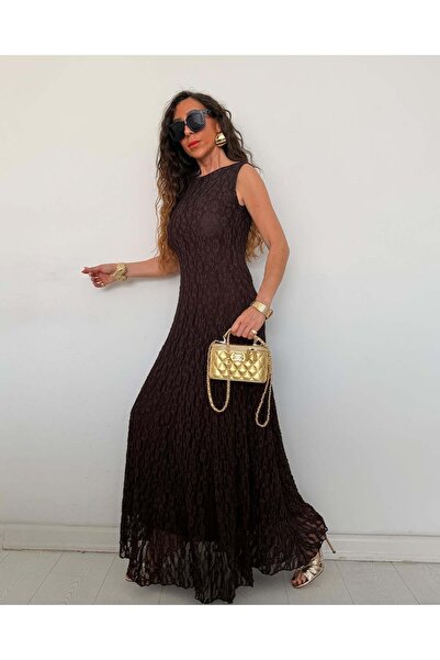 QİMYA BUTİK BUKETLİ Γυναικείο Φόρεμα με Λαιμόκοψη Ο, Αμάνικο, Μάξι Μήκος, Μεγ...