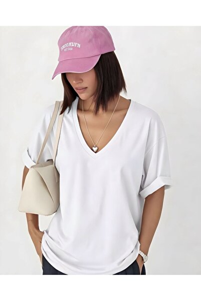 E-ROMA Τυπωμένο μπλουζάκι με λαιμόκοψη V, oversized, unisex 1VQ4