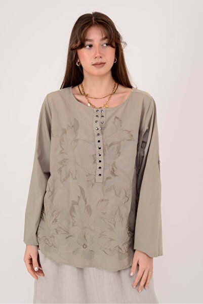 Park Moda 19103 ΒΑΜΒΑΚΙΝΗ ΜΠΛΟΥΖΑ ΜΕ ΚΕΝΤΗΜΕΝΕΣ ΛΕΠΤΟΜΕΡΕΙΕΣ ΚΑΙ ΠΟΥΛΟΒΡΑΧΙΟΝΙΑ