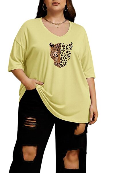 E-ROMA Μπλουζάκι με λεοπάρ σχέδιο, λαιμόκοψη V, μεγάλο μέγεθος, oversize 2CZ3