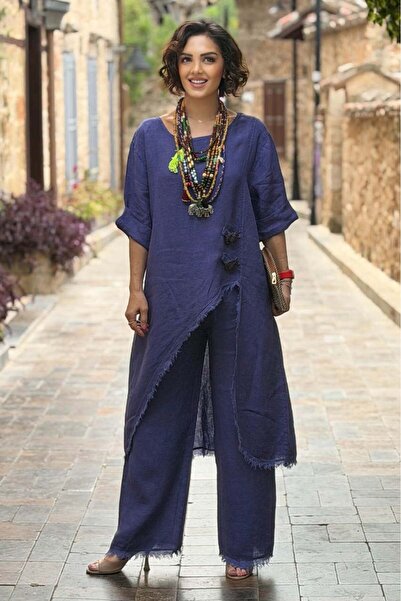 Nevin Kaya Moda Ιταλικό λινό σετ με μωβ αγκράφα