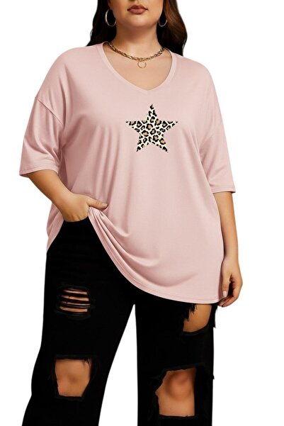 E-ROMA Μπλουζάκι με στάμπα λεοπάρ αστέρια, με λαιμόκοψη V, μεγάλο μέγεθος 2CZ1