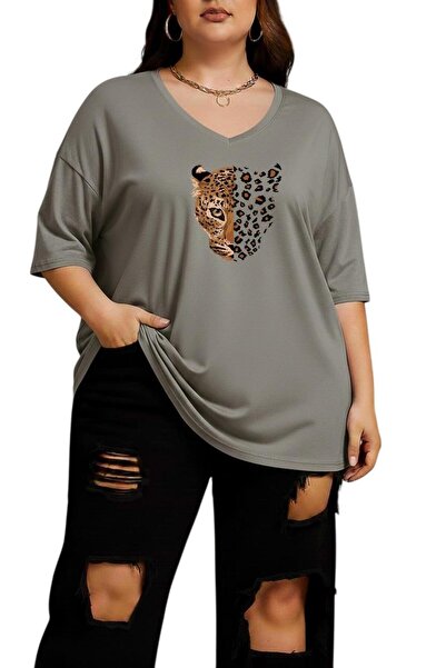 DM DOLCE MORE Leopard Print V-Neck Plus Size Oversized T-Shirt 2Cz3