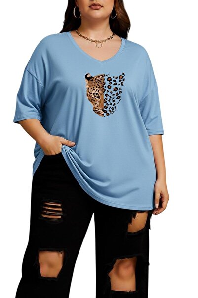 E-ROMA Μπλουζάκι με λεοπάρ σχέδιο, λαιμόκοψη V, μεγάλο μέγεθος, oversize 2CZ3