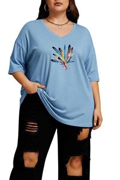 DM DOLCE MORE Colorful Feather Printed V-Neck Plus Size Oversize T-Shirt 2Cz5