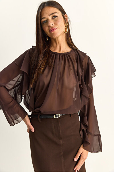 Bianco Lucci Γυναικεία μπλούζα από σιφόν με βολάν και διαφάνειες 1008 60286163