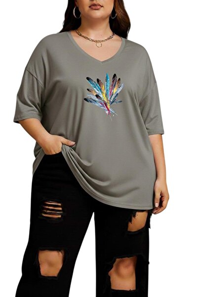 DM DOLCE MORE Colorful Feather Printed V-Neck Plus Size Oversize T-Shirt 2Cz5