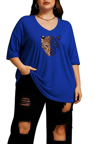 DM DOLCE MORE Leopard Print V-Neck Plus Size Oversized T-Shirt 2Cz3