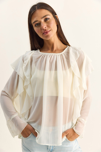 Bianco Lucci Women's Ruffle Detailed Transparent Chiffon Blouse 1008 60286163