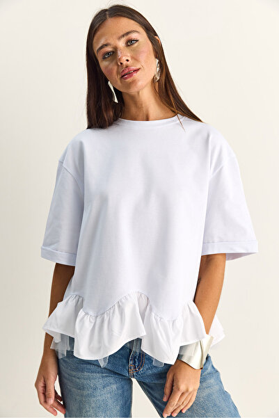 Bianco Lucci Γυναικείο μπλουζάκι με λεπτομέρειες από τούλι, με βολάν, oversiz...