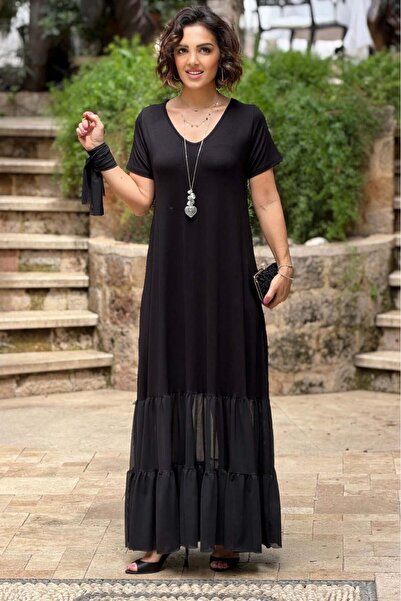 Nevin Kaya Moda Φόρεμα με λαιμόκοψη V και αξεσουάρ μαύρου σάλιου