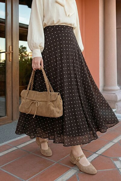 InStyle Φούστα σιφόν καφέ με πουά σχέδιο