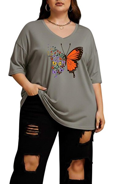 BENROMA Printed V-Neck Plus Size Oversized T-Shirt 2Cz2