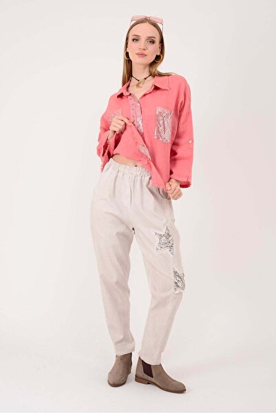 Park Moda 8635 Παντελόνι Γκαμπαρντίν με Λεπτομέρειες από Αστεράτες Πούλιες