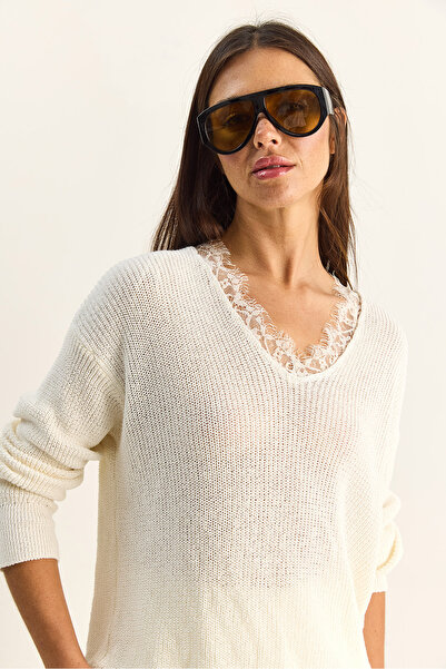 Bianco Lucci Women's V Y Aka Lace Detailed Knitwear Sweater Tk261018 60286166