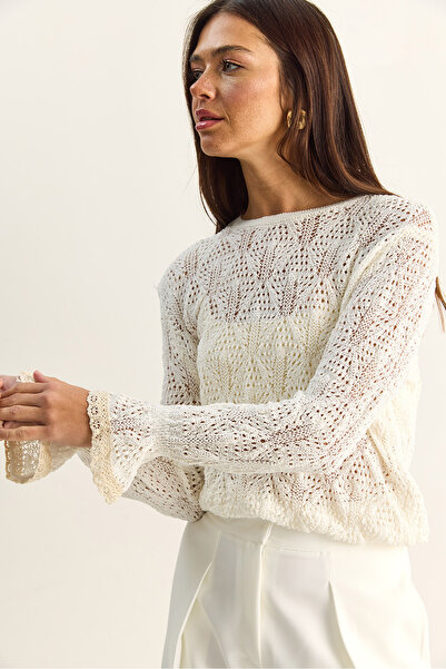 Bianco Lucci Women's Openwork Crew Neck Flounce Sleeves Lightweight Flowy Kni...