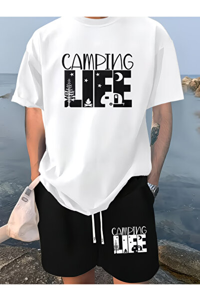 Nivorix طقم مطبوع عليه CAMPING، طقم شورت وتي شيرت