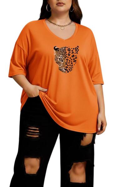 E-ROMA Μπλουζάκι με λεοπάρ σχέδιο, λαιμόκοψη V, μεγάλο μέγεθος, oversize 2CZ3