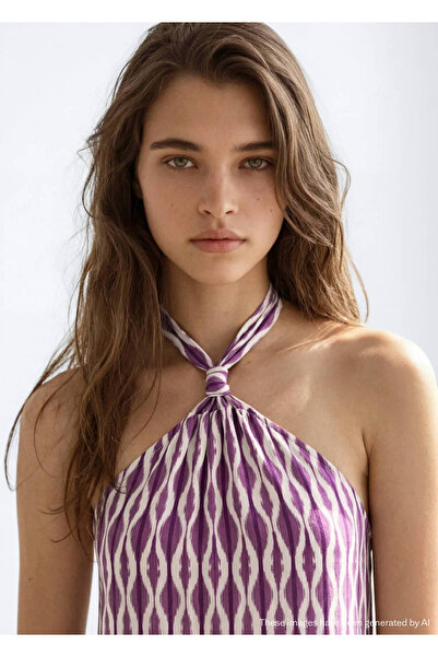 Mango Teen Desenli halter yaka uzun elbise