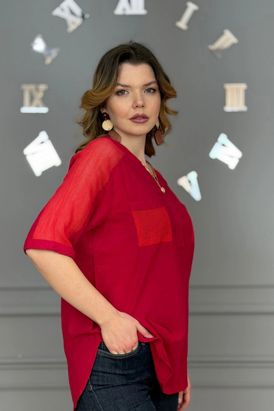 Bİ.GİYSEN Γυναικείο ΚΟΚΚΙΝΟ πουκάμισο από οργανικό βαμβάκι και λινό ύφασμα με...