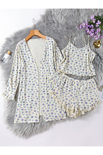 Take Two By Styli Pack of 3 - Floral Cami, Ruffle Hem Shorts and Robe Set