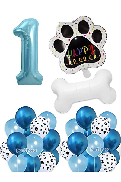 parti pera Kedi Köpek Doğum Günü Balon Seti Kemik Pati Folyo Balon Mavi Rakam...