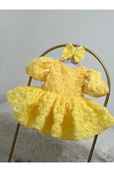 Mirace Styl Βραδινό Φόρεμα για Κοριτσάκι με Κίτρινο Τριαντάφυλλο Σχέδιο – Φου...