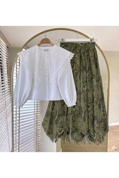 MODA VEDAT Γυναικείο Σετ με Λεπτομερή Γιακά και Ασύμμετρη Κοπή με Φούστα από ...