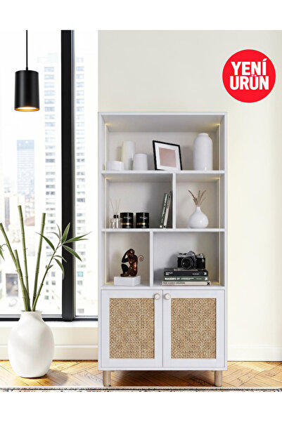 FLORADESİGN Level Kitaplık/ Led Aydınlatma /MDF Jüt Kapaklı / Dekoratif Kitaplık
