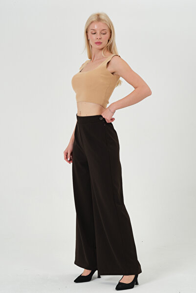 RELAXL Γυναικείο υφασμάτινο παντελόνι παλάτσο με φαρδιά μπατζάκια σε καφέ χρώ...