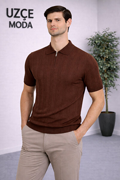 UZÇE MODA Brown Color Polo Collar Half Zipper Men's T-Shirt