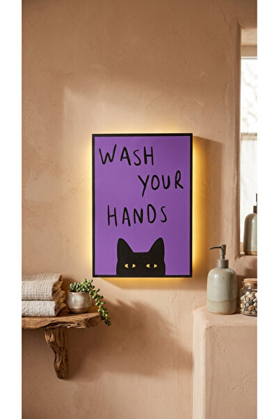 Dekor atolyem Wash Your Hands Kedi Figürlü Dekoratif Duvar Tablosu – Banyo Ka...
