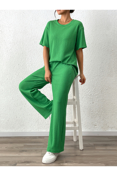 Take Two By Styli Green Textured T-Shirt and Pants Co-Ords
